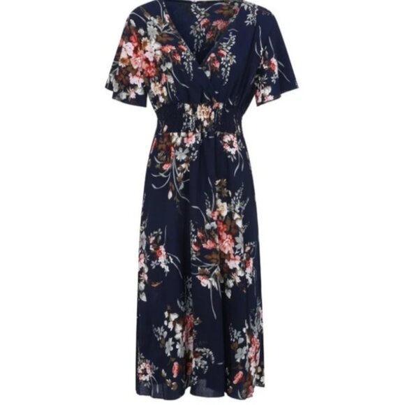 Women's Maxi Dress Plus Size XXL Flutter Sleeve Floral Print Smocked Romantic - Picture 4 of 6